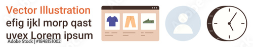 E-commerce, user profiles, time management, digital transactions, retail platforms, customer interaction. A shopping webpage, user icon and clock symbols. E-commerce and user profiles visualization