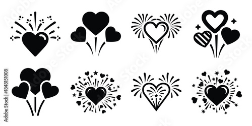 heart fireworks minimal flat vector icon set, black color and white background