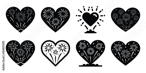heart fireworks night minimal flat vector icon set, black color and white background