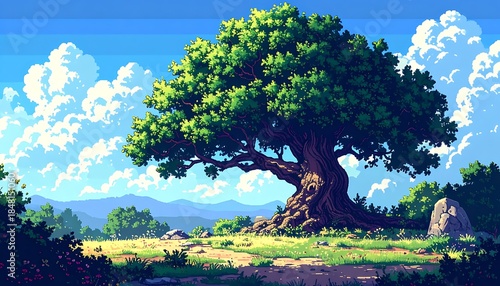 Large, old tree stands in a vibrant meadow with a path and a blue sky dotted with fluffy white clouds