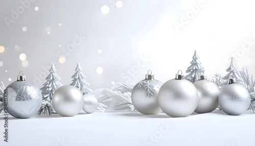 White Christmas ornaments with snowy trees.