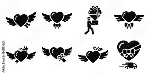 heart gift delivery minimal flat vector icon set, black color and white background