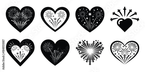 heart fireworks sparkle minimal flat vector icon set, black color and white background