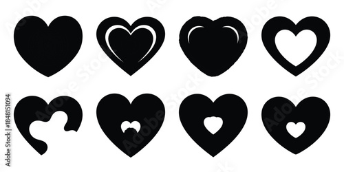 heart glowing minimal flat vector icon set, black color and white background
