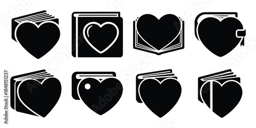 heart photo album minimal flat vector icon set, black color and white background