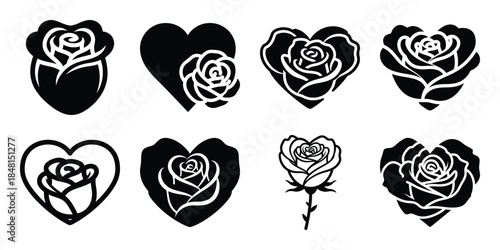 heart rose outline minimal flat vector icon set, black color and white background