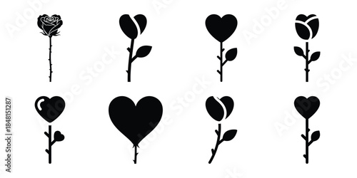 heart rose stem minimal flat vector icon set, black color and white background