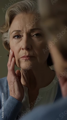 Older woman gazes at her reflection in the mirror, showing signs of anxiety about the aging process and changes in her skin. She tenderly caresses her face, lost in thought