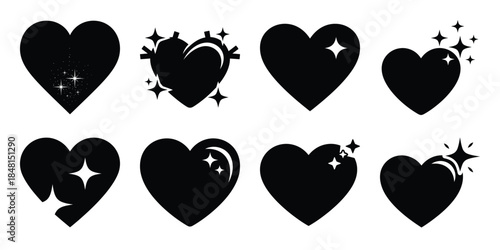 heart sparkle minimal flat vector icon set, black color and white background