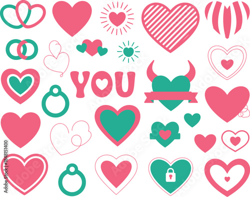 Collection of Valentine's Day hearts, rings, and text for design