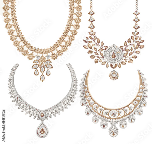 Gold necklace with pink and white gemstones on white background