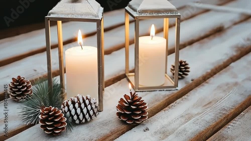 Enjoy the serene display of candles and pinecones that brings a warm, cozy feel to the winter season and home decor