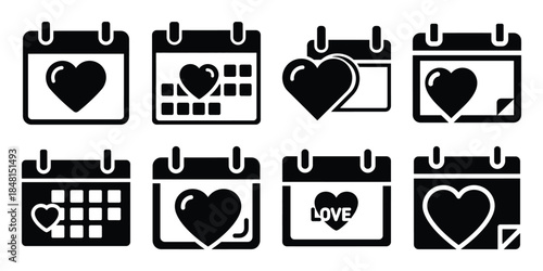 love calendar minimal flat vector icon set, black color and white background
