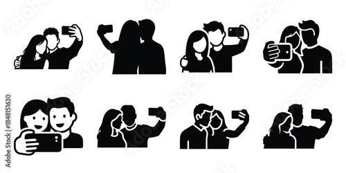 love couple selfie minimal flat vector icon set, black color and white background