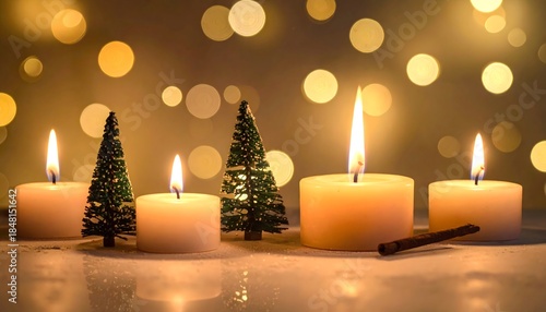 Christmas Candles and Trees Bokeh Lights Festive Holiday Scene.