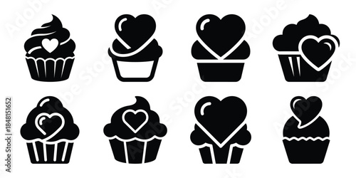 love cupcake heart minimal flat vector icon set, black color and white background