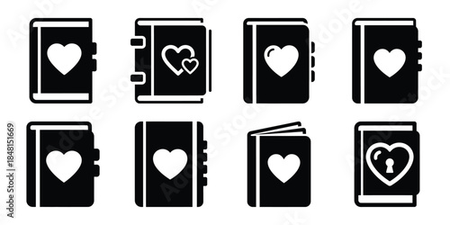 love diary minimal flat vector icon set, black color and white background