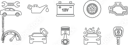 A set of black line art automotive service and repair icons on a clean white background.