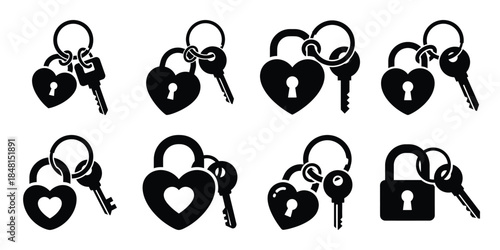 love lock keychain minimal flat vector icon set, black color and white background