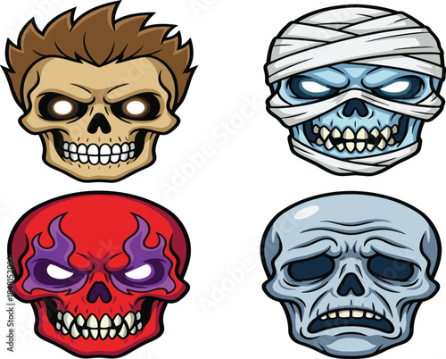 Cartoon skull character set with glowing eyes, bandages, flames, sad expression, fantasy horror theme, flat vector illustration