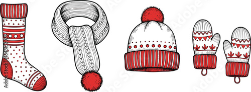 Cartoon winter accessories set with festive sock, scarf, hat, mittens, red and white color scheme, flat vector illustration