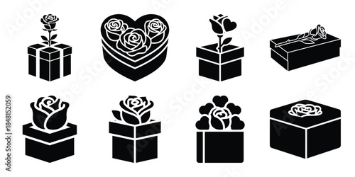 love rose box minimal flat vector icon set, black color and white background