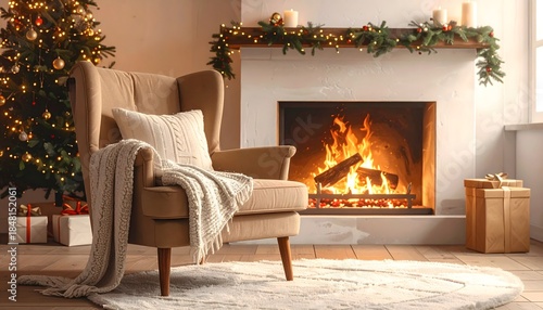 Cozy Christmas Fireplace Scene with Armchair and Gifts.