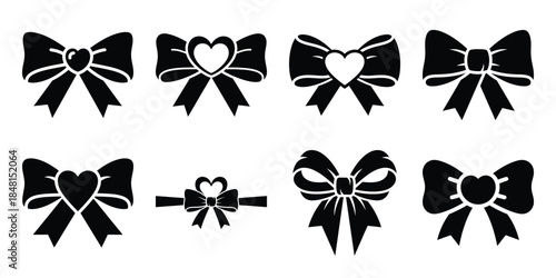 love ribbon bow minimal flat vector icon set, black color and white background