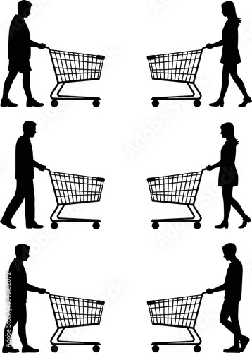 Black Silhouette of Shoppers with Carts: Men and Women Engaging in Retail Activity, Symbolizing Consumption, Buying Decisions, and Modern Grocery Shopping Experiences on White Background.