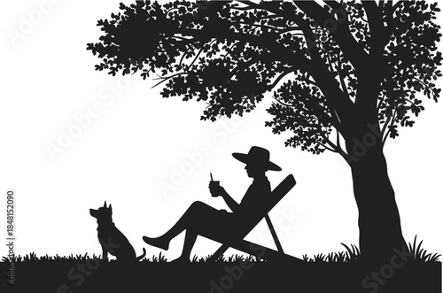 Black Silhouette of a Person Relaxing in a Deck Chair with a Dog Under a Large Tree in the Garden Grass