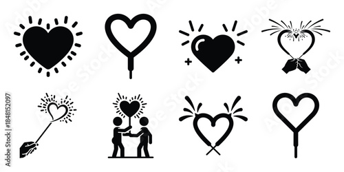 love sparkler minimal flat vector icon set, black color and white background