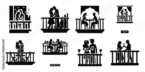 romantic balcony date minimal flat vector icon set, black color and white background
