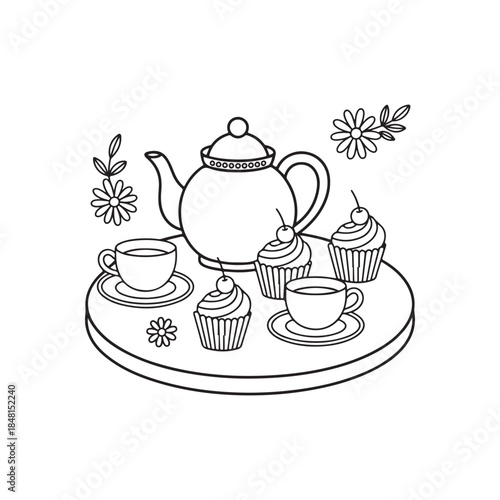 A charming black and white illustration depicts a tea service with a teapot cups and cupcakes on a tray
