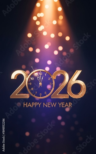 Golden 2026 new year celebration with a clock approaching midnight