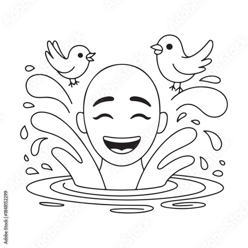 a joyful face emerges from water splashes accompanied by two cheerful birds in a simple line art style