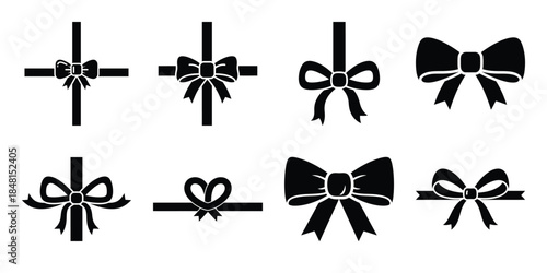 romantic gift ribbon minimal flat vector icon set, black color and white background