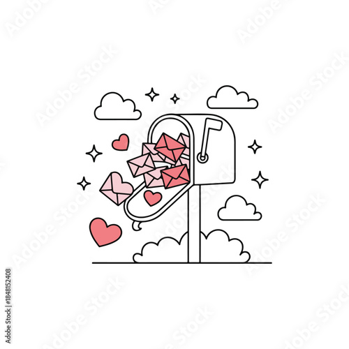 An overflowing mailbox filled with pink letters and hearts set against a cloudy sky background
