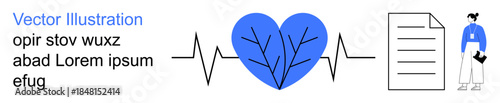Health monitoring, professional documentation, medical diagnostics, wellness care, data recording, administrative work. Blue heart with heartbeat line, document and woman. Health monitoring
