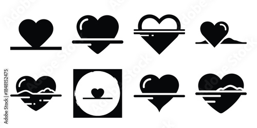 romantic heart horizon minimal flat vector icon set, black color and white background