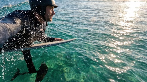Fototapeta Naklejka Na Ścianę i Meble -  Professional surfer wearing black wetsuit and helmet rides hydrofoil board over clear turquoise ocean water during sunset in tropical paradise