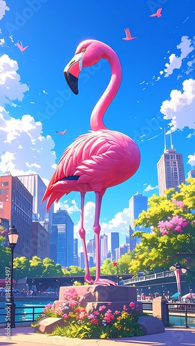 Large pink flamingo sculpture stands tall in a vibrant city scene with blue sky and fluffy clouds