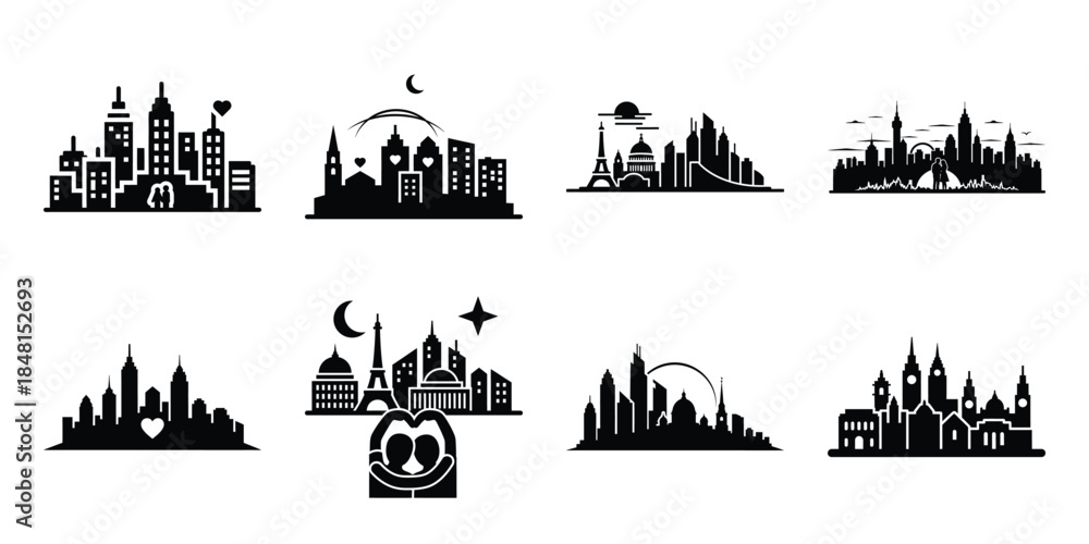 Obraz premium romantic skyline minimal flat vector icon set, black color and white background