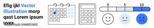 Time management, feedback collection, data evaluation, productivity tracking, business tools, user experience. Calendar, calculator and rating scale with happy faces. Time management and feedback