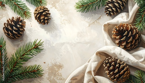 Christmas Pine Cones  Fir Branches on Textured Background.