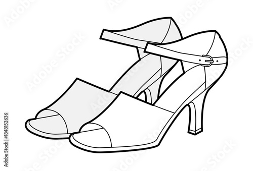 Ankle strap sandal women heel single line pair. Open toe dress footwear for party dance night, cocktail look. Technical fashion illustration, CAD mockup, clean vector men unisex isolated classic style