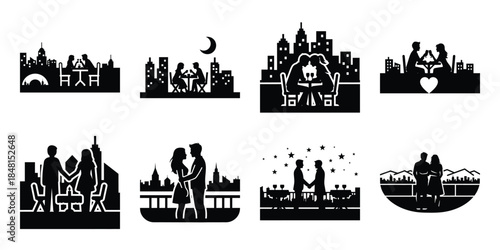 romantic rooftop date minimal flat vector icon set, black color and white background