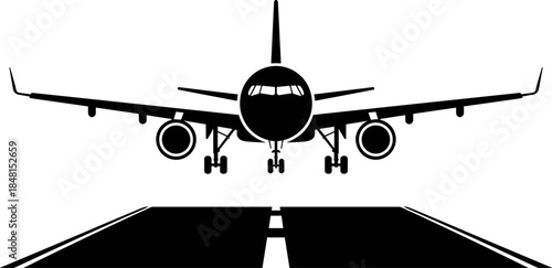 Front view vector silhouette of a commercial passenger airplane landing on the airport runway with landing gear wheels down.