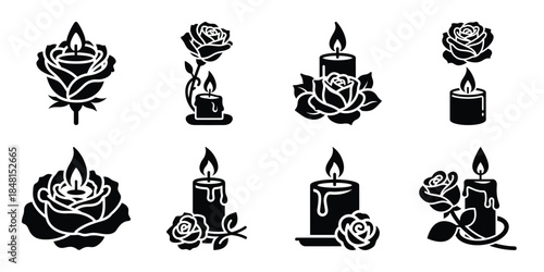 romantic rose candle minimal flat vector icon set, black color and white background