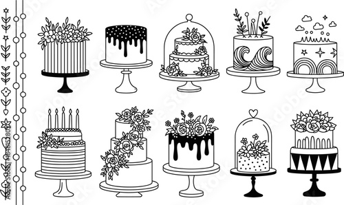 Set of decorative vector cake illustrations in black and white line art style for wedding and birthday party celebrations.t