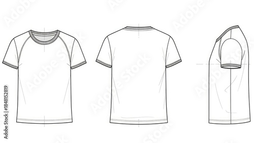 Simple line drawing of a t-shirt from front, back, and side views mockup isolated on white background